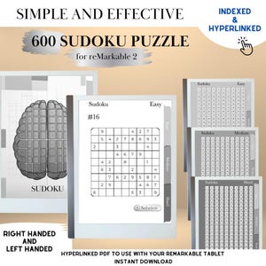 May include: A digital image of a brain with the word "Sudoku" underneath. The image is surrounded by a white border with the text "600 Sudoku Puzzle for reMarkable 2" at the top. The image is also surrounded by a black border with the text "Indexed & Hyperlinked" at the top. The image is also surrounded by a white border with the text "Right Handed and Left Handed" at the bottom. The image is also surrounded by a white border with the text "Hyperlinked PDF to use with your reMarkable tablet Instant Download" at the bottom.