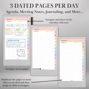 May include: Three digital tablet screens displaying a daily planner interface with the text 3 DATED PAGES PER DAY, Agenda, Meeting Notes, Journaling, and More. The screens show a dotted grid layout, a monthly calendar, and colorful side tabs.