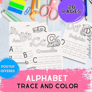 Prática de escrita do alfabeto para crianças pequenas, planilhas de corte e coloração de animais, atividade de rastreamento ABC e habilidades motoras finas para pré-escola e jardim de infância