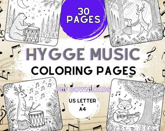 30 Hygge Musik Malvorlagen | Entspannende und achtsame Ausdrucksbilder für Erwachsene und Kinder | Niedliche Tiere und gemütliche Musikszenen PDF zum Ausmalen