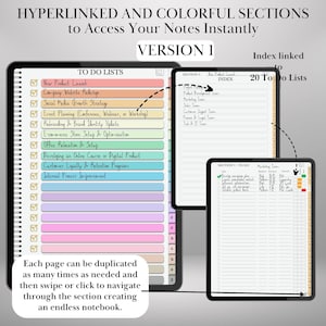 May include: Digital notebook with colorful, hyperlinked sections for instant note access. Features "To Do Lists" and an index linked to 20 lists. Each page can be duplicated and navigated to create an endless notebook. Text includes "New Product Launch".