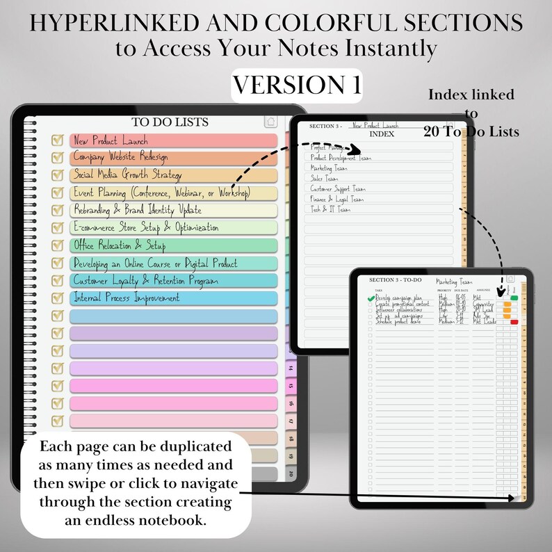 May include: Digital notebook with colorful, hyperlinked sections for instant note access. Features "To Do Lists" and an index linked to 20 lists. Each page can be duplicated and navigated to create an endless notebook. Text includes "New Product Launch".
