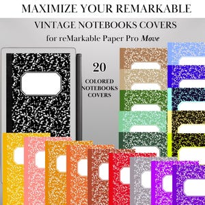 May include: A collection of 20 vintage notebook covers in various colors, designed for the reMarkable Paper Pro Move. The covers feature a classic speckled pattern and a white rectangular label. The image includes the text "MAXIMIZE YOUR REMARKABLE" and "VINTAGE NOTEBOOKS COVERS".