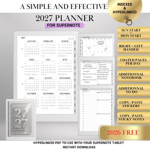 2027 Supernote Daglig Planner: Hyperlänkad Digital Kalender (PDF-nedladdning) A5X, A6X, Nomad