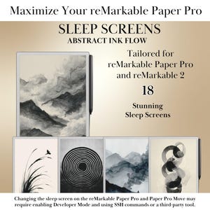 Puede incluir: Imagen de pantallas de suspensión reMarkable Paper Pro con diseños de flujo de tinta abstractos. La imagen muestra 18 impresionantes pantallas de suspensión diseñadas para reMarkable Paper Pro y reMarkable 2. El texto dice "Maximize Your reMarkable Paper Pro."