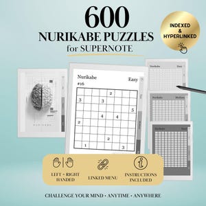 Peut inclure: Une collection numérique de 600 puzzles Nurikabe pour Supernote, avec une interface en grille à cellules numérotées, un graphique de cerveau et un badge doré INDEXED & HYPERLINKED. Inclut un menu lié, support gaucher et droitier, et instructions.