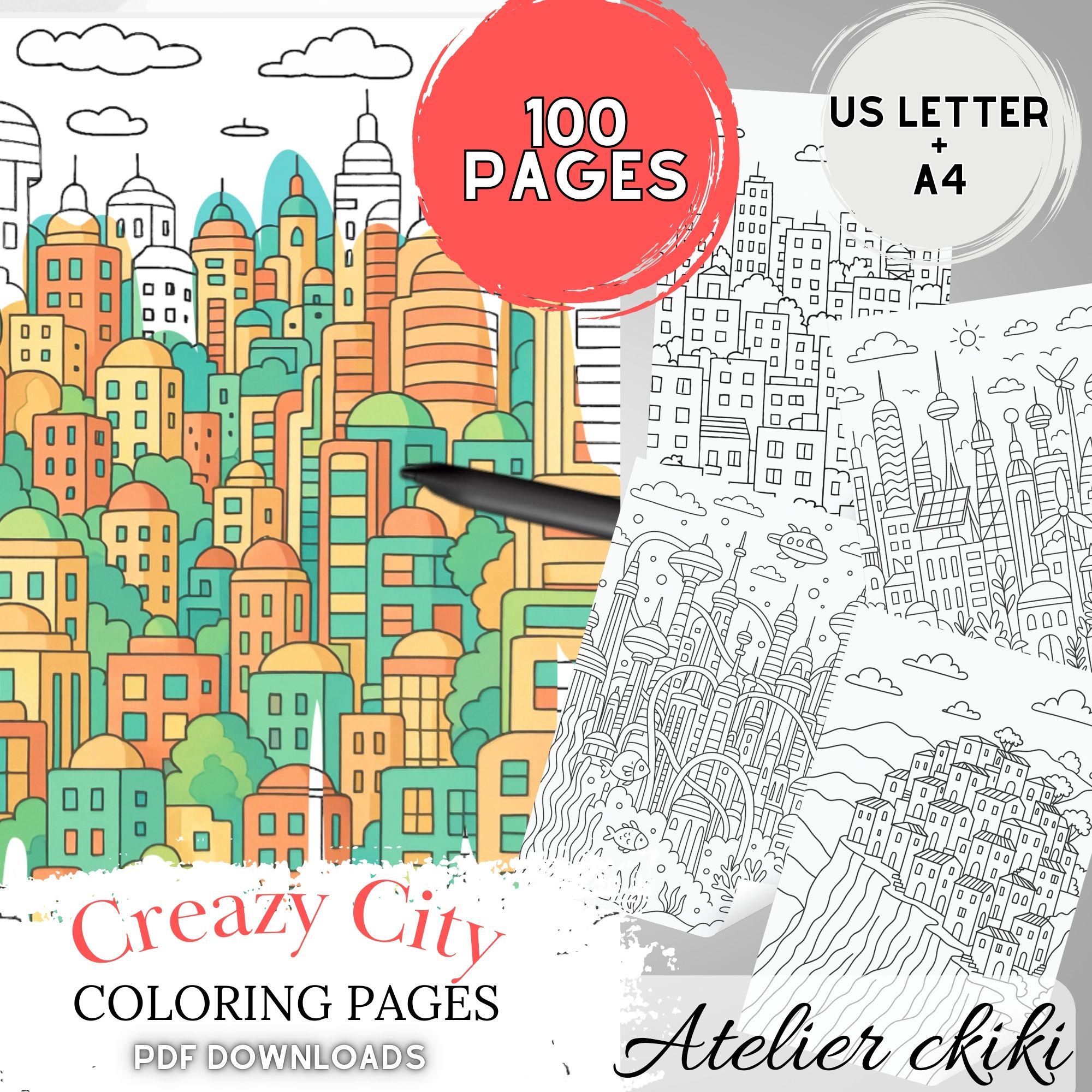 Láminas de colorear de ciudad para adultos y adolescentes – 100 escenas urbanas imprimibles, libro de colorear digital para niños y niñas, PDF compatible con Procreate