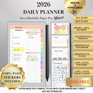 Puede incluir: Un planificador diario digital 2026 para tabletas reMarkable Paper Pro Move. Incluye funciones indexadas e hipervinculadas, con opciones para usuarios diestros y zurdos. Ofrece 3 páginas diarias fechadas, cuadernos adicionales, listas de tareas y pegatinas de copiar/pegar.