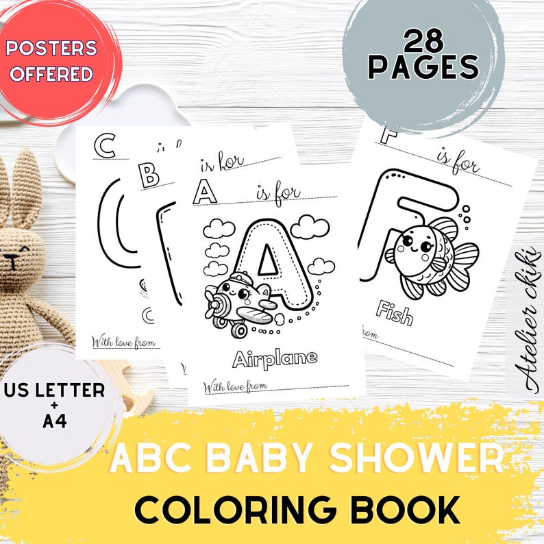 ABC Baby Shower Coloring Book, Babys First Alphabet Book, Cute Theme ...