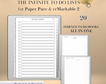 May include: A digital planner for Paper Pure and reMarkable 2 tablets. The image shows a large tablet with a to-do list layout, along with two smaller tablets. Text includes "The Infinite To Do Lists" and "Indexed & Hyperlinked".