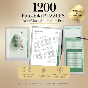 May include: A digital collection of 1200 Futoshiki puzzles for reMarkable Paper Pro, featuring a brain graphic, a grid with numbers and inequality symbols, and a linked menu. The interface includes options for easy, medium, and hard difficulty levels.