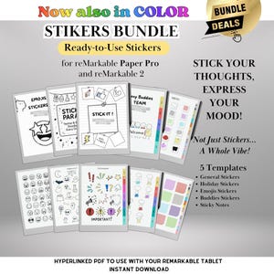 May include: A digital sticker bundle for reMarkable tablets. The image displays several digital templates with various sticker designs, including emojis, holiday themes, and sticky notes. Text on the image reads "STICK YOUR THOUGHTS, EXPRESS YOUR MOOD!" and "Ready-to-Use Stickers."