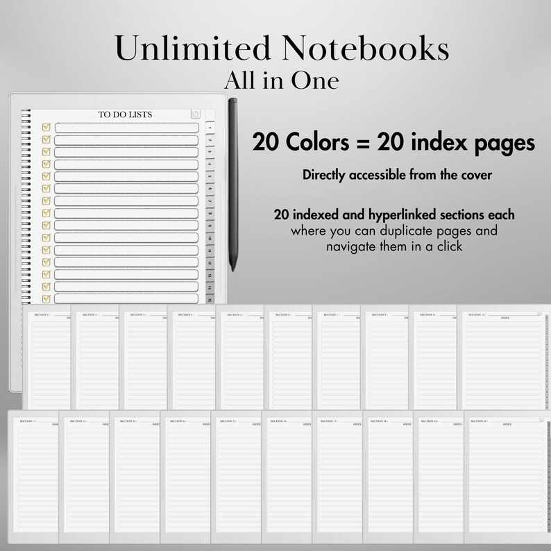 May include: A digital notebook with the text "Unlimited Notebooks All in One". The notebook features a "TO DO LISTS" section, a stylus, and 20 index pages. The text states the notebook has 20 indexed and hyperlinked sections.