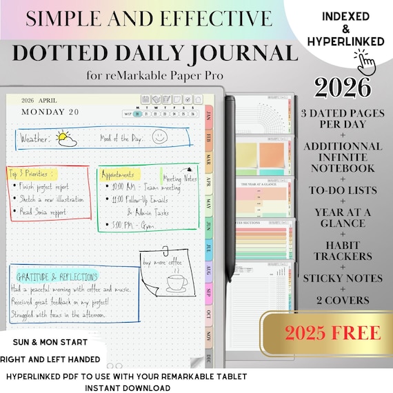 2026 Daily Journal for reMarkable Paper pro, Journaling, Hyperlinked Notebook, reMarkable Planner Templates, Digital Planner