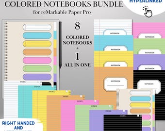 Color Paper Notebook Bundle for reMarkable Paper Pro 8+1 Color Paper Notebooks Hyperlinked and Indexed Digital Notebook e-Ink Template