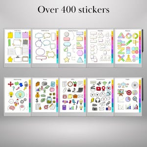 K&ouml;nnte beinhalten: Ein digitaler Planer mit verschiedenen Aufkleberdesigns. Der Planer enth&auml;lt Abschnitte f&uuml;r Haftnotizen, Sprechblasen, Mapping-Elemente, Mindmaps, Diagramme, Brainstorming, Finanzen, B&uuml;ro, Kommunikation und Grafiken. Der Text "Over 400 stickers" steht oben.
