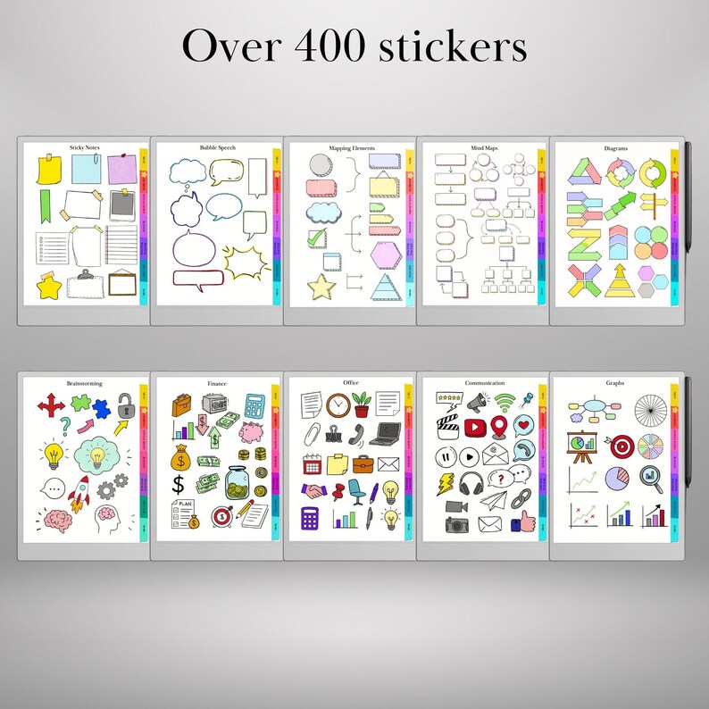 K&ouml;nnte beinhalten: Ein digitaler Planer mit verschiedenen Aufkleberdesigns. Der Planer enth&auml;lt Abschnitte f&uuml;r Haftnotizen, Sprechblasen, Mapping-Elemente, Mindmaps, Diagramme, Brainstorming, Finanzen, B&uuml;ro, Kommunikation und Grafiken. Der Text "Over 400 stickers" steht oben.