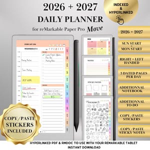2026 + 2027 Daily Planner for reMarkable Paper pro Move Planner Templates: Dated Calendar, Notebook, to-do, Stickers & Sticky Notes