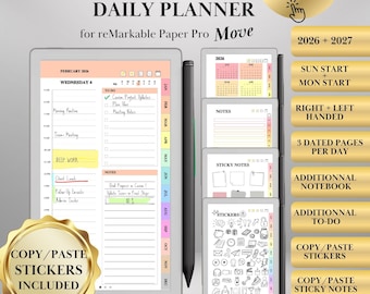 reMarkable Paper pro Move Plannerテンプレート用2026 + 2027デイリープランナー：日付入りカレンダー、ノート、ToDoリスト、ステッカー＆付箋