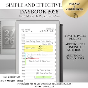 Puede incluir: Un diario digital para tabletas reMarkable, con una vista de calendario de 2026. La pantalla muestra un horario detallado con franjas horarias, notas y listas de tareas. El diseño incluye el texto "DAYBOOK 2026" y "HYPERLINKED PDF".