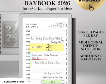 Daily Planner 2026 for Remarkable Paper pro Move: Daybook Hyperlinked Hourly Planner Template, Infinite Notebook and Task Organizer, To Do