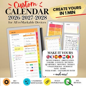 Peut inclure: Un calendrier numérique personnalisé 2026-2028 pour appareils reMarkable, avec un stylet et plusieurs écrans affichant des plannings, listes de tâches, notes et autocollants. Le texte inclut Custom Calendar, Create Yours in 1 Min et Make It Yours.