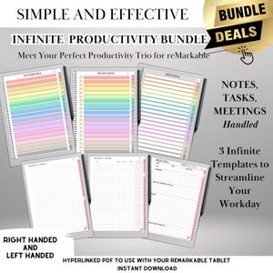 May include: An Infinite Productivity Bundle for reMarkable tablets. The image shows digital notebooks, to-do lists, and meeting templates. The bundle includes three templates to streamline your workday. The text reads "Simple and Effective" and "Bundle Deals."