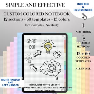 May include: A digital notebook with 12 sections, 60 templates, and 13 colors. The notebook is designed for use with Goodnotes and Notability apps. The image shows a page with a light bulb, brain, and the words "Smart Idea".