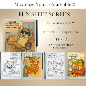 Pacchetto Fun Sleep Screen per reMarkable 2 e Paper Pro / Modelli Remarkable / Schermo digitale per dormire con tema divertente, versione BW e a colori