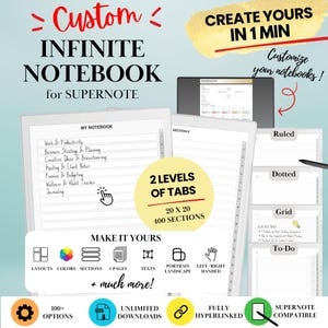 May include: A digital custom infinite notebook for Supernote featuring 2 levels of tabs, 400 sections, and hyperlinked pages. The interface displays layouts, colors, sections, page counts, text options, portrait or landscape orientation, and handedness.