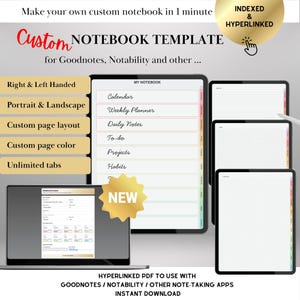 May include: Digital notebook template for Goodnotes and Notability. Features include custom page layouts, colours, and unlimited tabs. The template is indexed and hyperlinked, with options for right and left-handed use. Instant download.