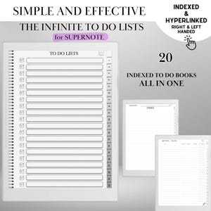 May include: A digital planner for Supernote with the text "SIMPLE AND EFFECTIVE" and "THE INFINITE TO DO LISTS". The planner includes 20 indexed to-do books, indexed and hyperlinked, for right and left-handed users.