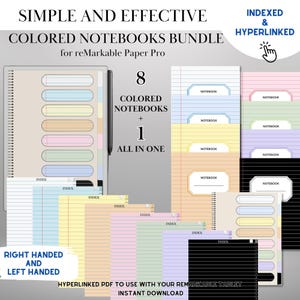Könnte beinhalten: Ein digitales Notizbuch-Paket für das reMarkable Paper Pro Tablet. Das Paket enthält 8 farbige Notizbücher und 1 All-in-One-Notizbuch. Die Notizbücher sind indiziert und verlinkt, um die Navigation zu erleichtern. Die Notizbücher sind für Rechts- und Linkshänder konzipiert.