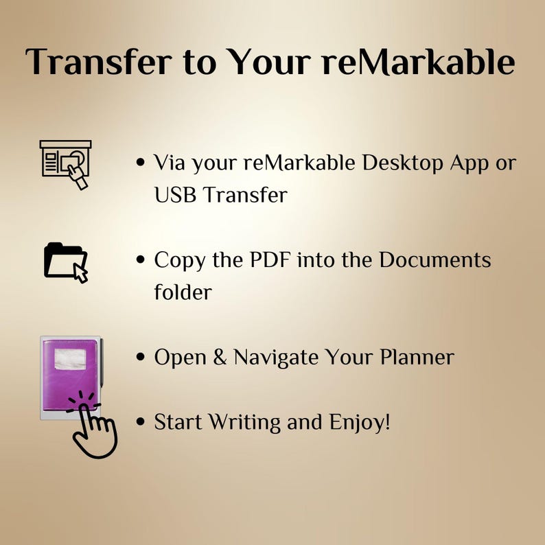 May include: A diagram showing how to transfer a PDF file to a reMarkable tablet. The steps include using the reMarkable Desktop App or USB Transfer, copying the PDF to the Documents folder, opening and navigating to the planner, and starting to write.