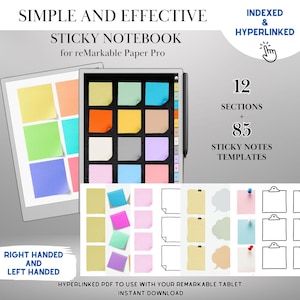 Pacchetto di note adesive Remarkable Paper Pro / Quaderno con collegamenti ipertestuali con 85 modelli e 12 sezioni / Note con modelli Remarkable Tablet E-Ink