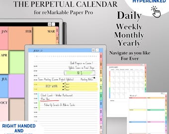 Perpetual Calendar for reMarkable Paper Pro daily planner Undated Monthly Weekly Daily Hourly Planner Hyperlinked Planner for reMarkable 2