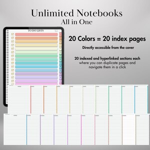May include: Digital notebook with a spiral binding, displaying a colorful to-do list and index pages. The text reads "Unlimited Notebooks All in One" and highlights 20 colors for index pages, directly accessible from the cover, with 20 indexed and hyperlinked sections.