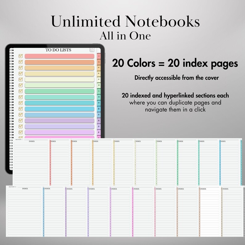 May include: Digital notebook with a spiral binding, displaying a colorful to-do list and index pages. The text reads "Unlimited Notebooks All in One" and highlights 20 colors for index pages, directly accessible from the cover, with 20 indexed and hyperlinked sections.