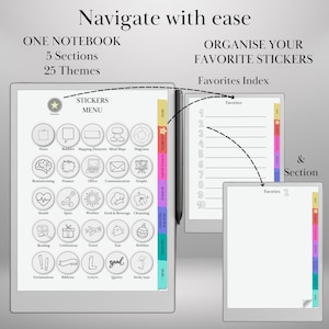 K&ouml;nnte beinhalten: Digitales Notizbuch mit Stift, mit einem Men&uuml; mit Aufklebern und Abschnitten f&uuml;r Notizen, Sprechblasen, Mindmaps und mehr. Das Notizbuch hat 5 Abschnitte und 25 Themen, mit einem Favoritenindex zum Organisieren von Aufklebern.