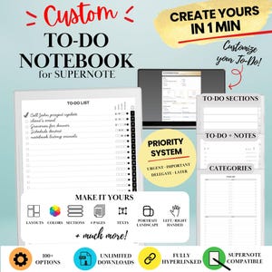 Könnte beinhalten: Ein digitales To-Do-Notizbuch für Supernote mit anpassbarem Layout, Prioritätensystem, verlinkten Abschnitten und Kategorien. Die Benutzeroberfläche zeigt eine Aufgabenliste mit Kontrollkästchen sowie Symbole für Layouts, Farben, Abschnitte, Seitenzahlen, Text, Ausrichtung und Händigkeit.