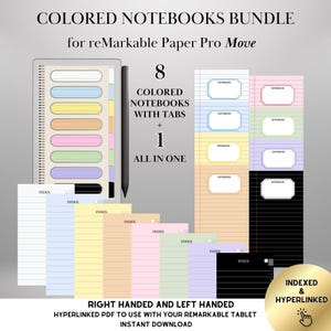 May include: A bundle of digital notebooks for the reMarkable Paper Pro Move tablet. The image shows 8 colored notebooks with tabs, plus one all-in-one notebook. The notebooks are in various pastel colors, with the text "NOTEBOOK" on each.