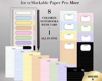 Color Notebook Bundle for reMarkable Paper Pro Move: 8+1 Colored Paper Notebooks with tabs Hyperlinked and Indexed Digital Notebooks Bundle