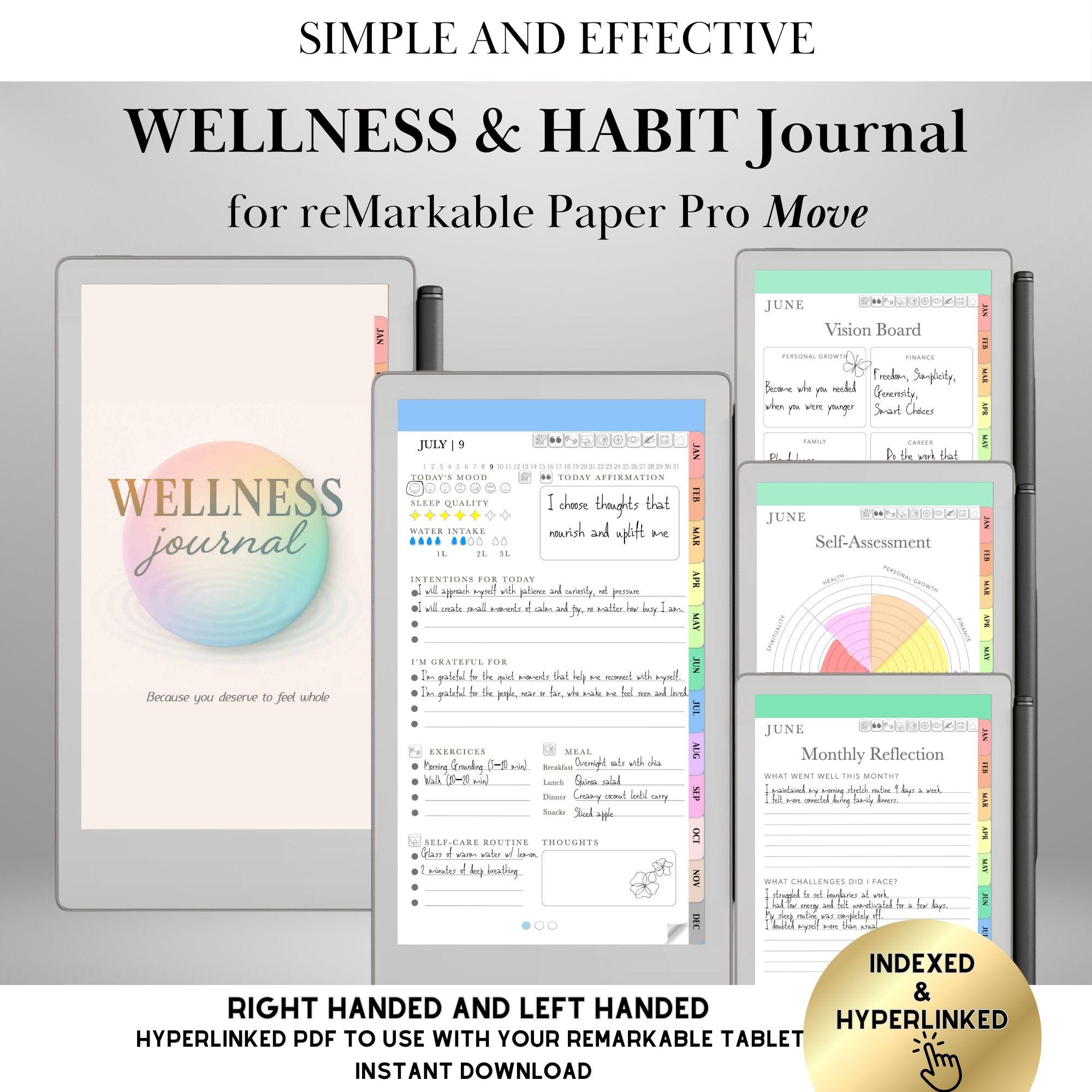Self Care Journal for reMarkable Paper Pro Move Templates Wellness & Habit Planner: Hyperlinked PDF Gratitude and Mental Health