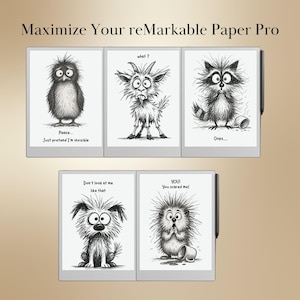 Pu&ograve; includere: Un tablet digitale con stilo, con cinque divertenti disegni di animali con testo. Il testo include frasi come "Please... Just pretend I'm invisible" e "Oops...". Il testo del titolo recita "Maximize Your reMarkable Paper Pro".