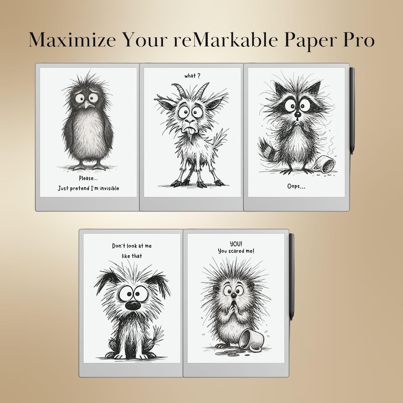 Pu&ograve; includere: Un tablet digitale con stilo, con cinque divertenti disegni di animali con testo. Il testo include frasi come "Please... Just pretend I'm invisible" e "Oops...". Il testo del titolo recita "Maximize Your reMarkable Paper Pro".