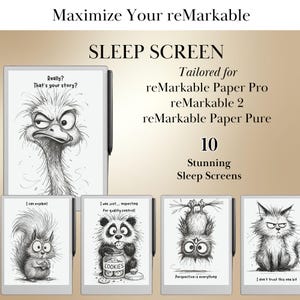 Pu&ograve; includere: Immagine di Sleep Screens reMarkable. L'immagine presenta diversi tablet digitali con varie illustrazioni di cartoni animati, tra cui uno struzzo, uno scoiattolo, un panda, un gufo e un gatto. Il testo sull'immagine recita "Maximize Your reMarkable" e "SLEEP SCREEN".