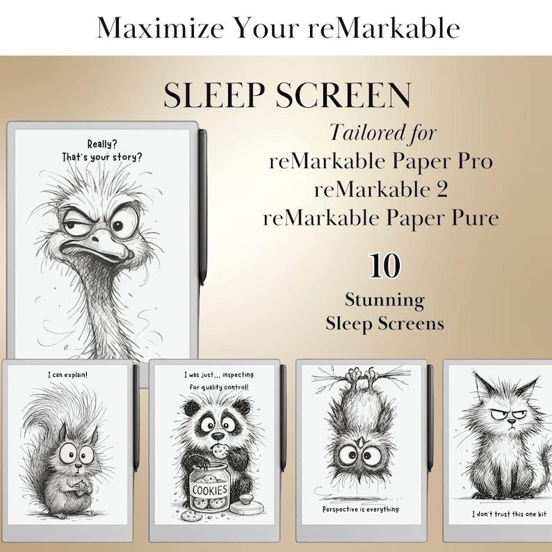 Pu&ograve; includere: Immagine di Sleep Screens reMarkable. L'immagine presenta diversi tablet digitali con varie illustrazioni di cartoni animati, tra cui uno struzzo, uno scoiattolo, un panda, un gufo e un gatto. Il testo sull'immagine recita "Maximize Your reMarkable" e "SLEEP SCREEN".