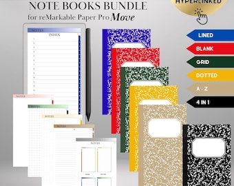 Notebook Bundle for reMarkable Paper Pro Move Templates: Hyperlinked, Indexed PDF Notebooks Lined, Grid, Dotted, Blank, A–Z & 4-in-1
