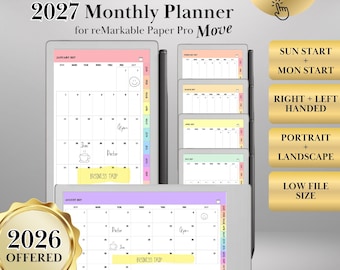 2027 Monthly Calendar for reMarkable Paper Pro Move Hyperlinked Full-Page Monthly Planner | Minimalist Move Template, 2026 offered