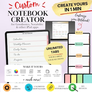 May include: A digital notebook creator tool for iPad apps featuring text that reads Custom Notebook Creator, Create Yours in 1 Min, Unlimited Tabs, and Make It Yours. The interface displays various page layouts including ruled, dotted, grid, and blank options.